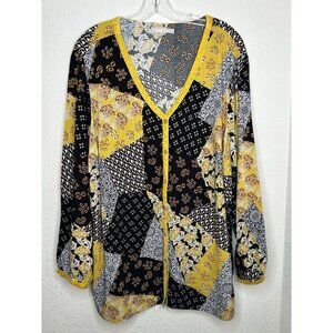 Woman Within Top 2X Patchwork Print Black Yellow Velvet Trim Button Up Boho Plus